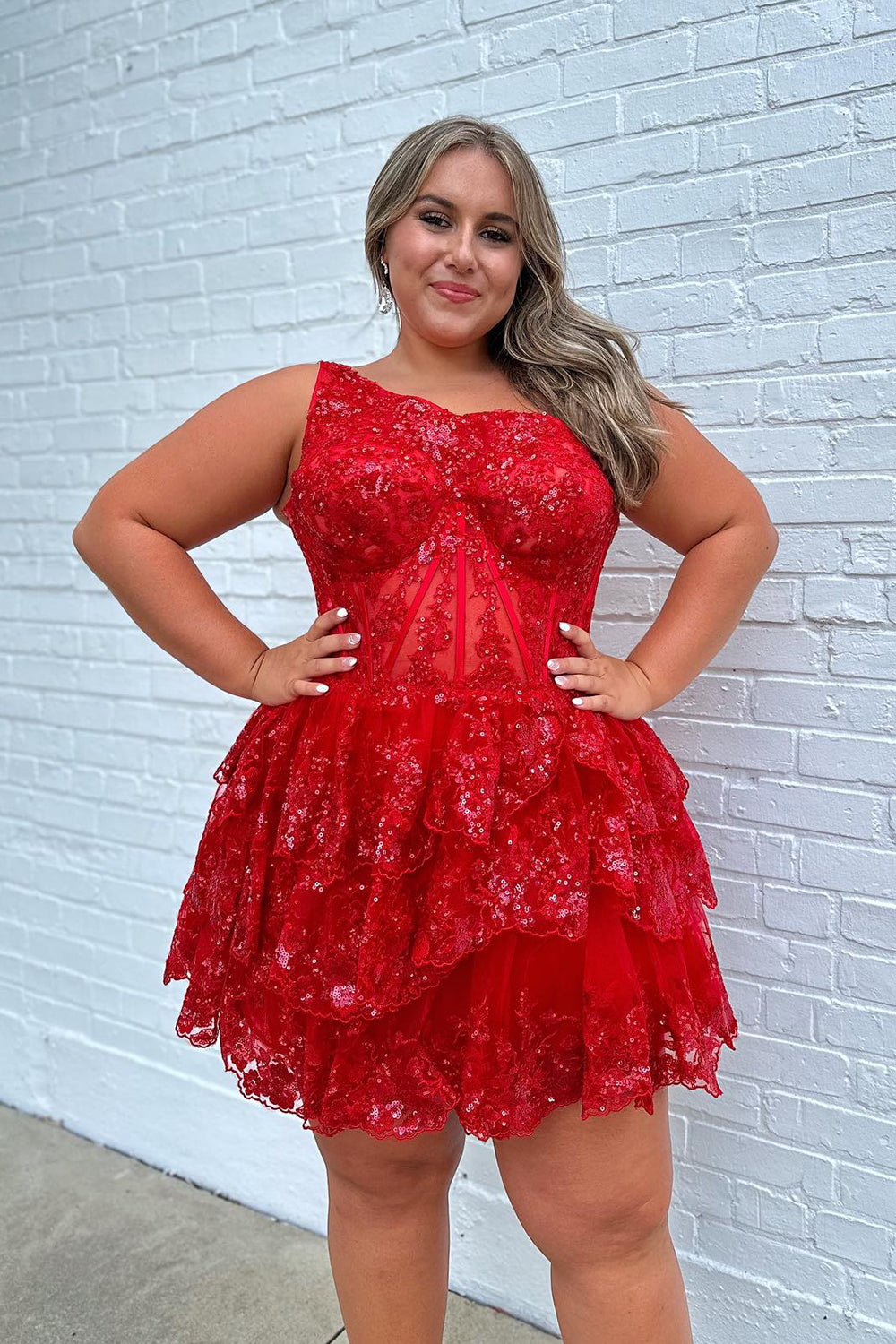 Pink Homecoming Dresses Tiered Lace One Shoulder Short Cocktail Dresses