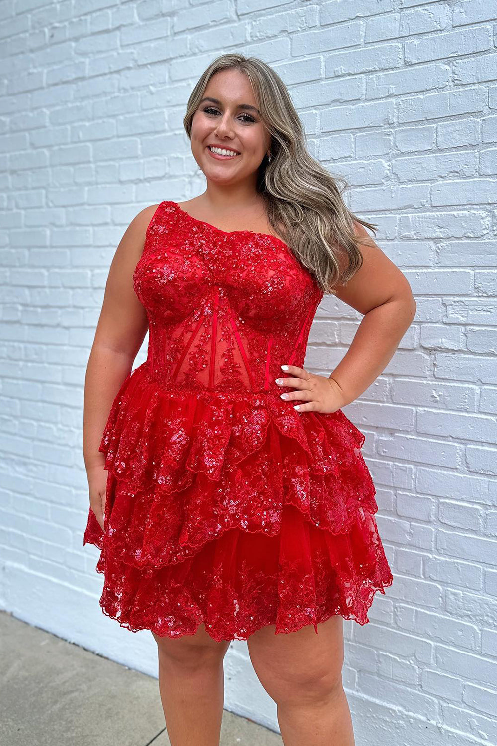 Pink Homecoming Dresses Tiered Lace One Shoulder Short Cocktail Dresses
