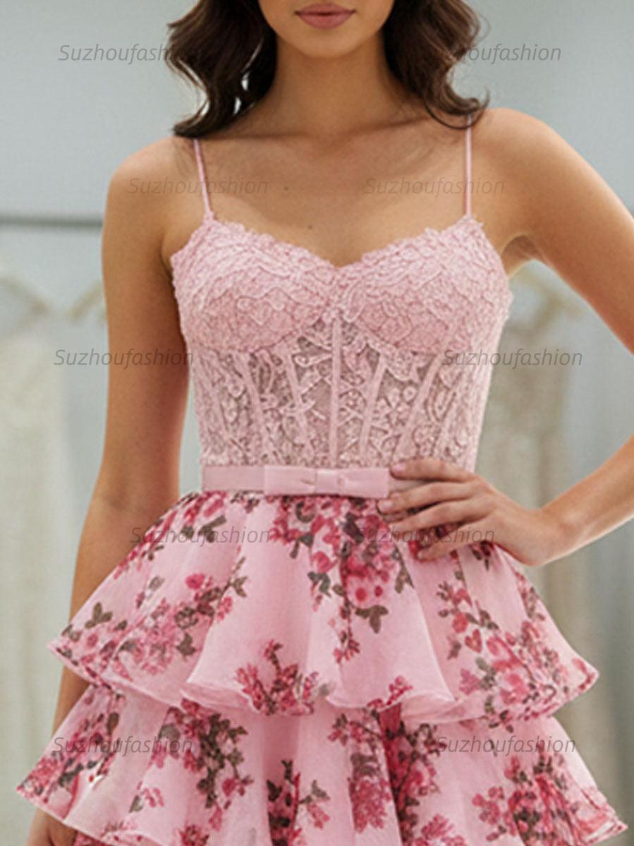 Suzhoufashion Pink Lace Corset Floral Tiered Ruffle Short Homecoming Dress