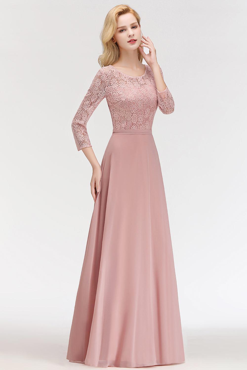 Pink Lace Long Evening Dresses with Sleeves | A-Line Scoop Bridesmaid Dresses