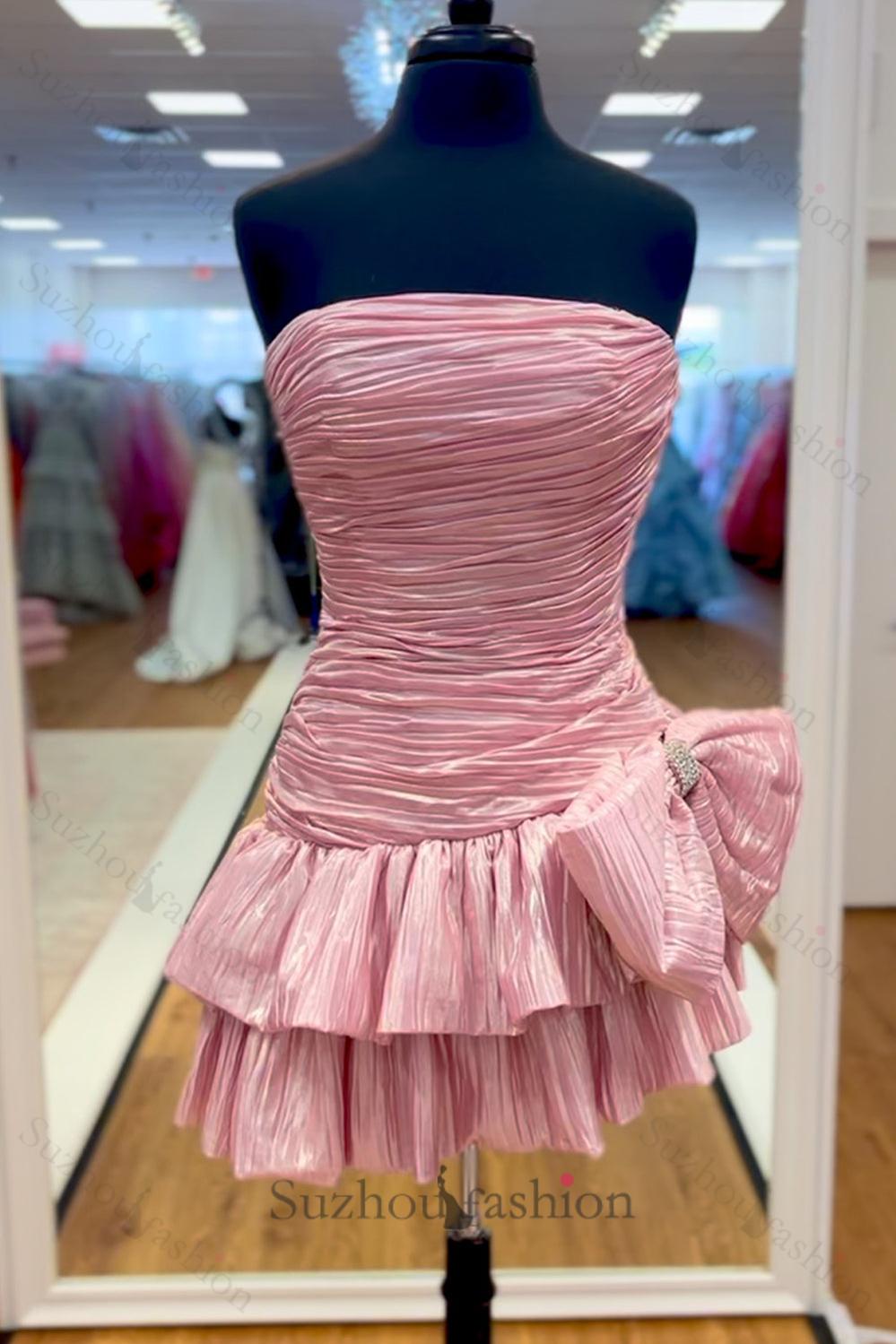Pink Pleated A Line Homecoming Dresses Short Cocktail Dresses With Bow
