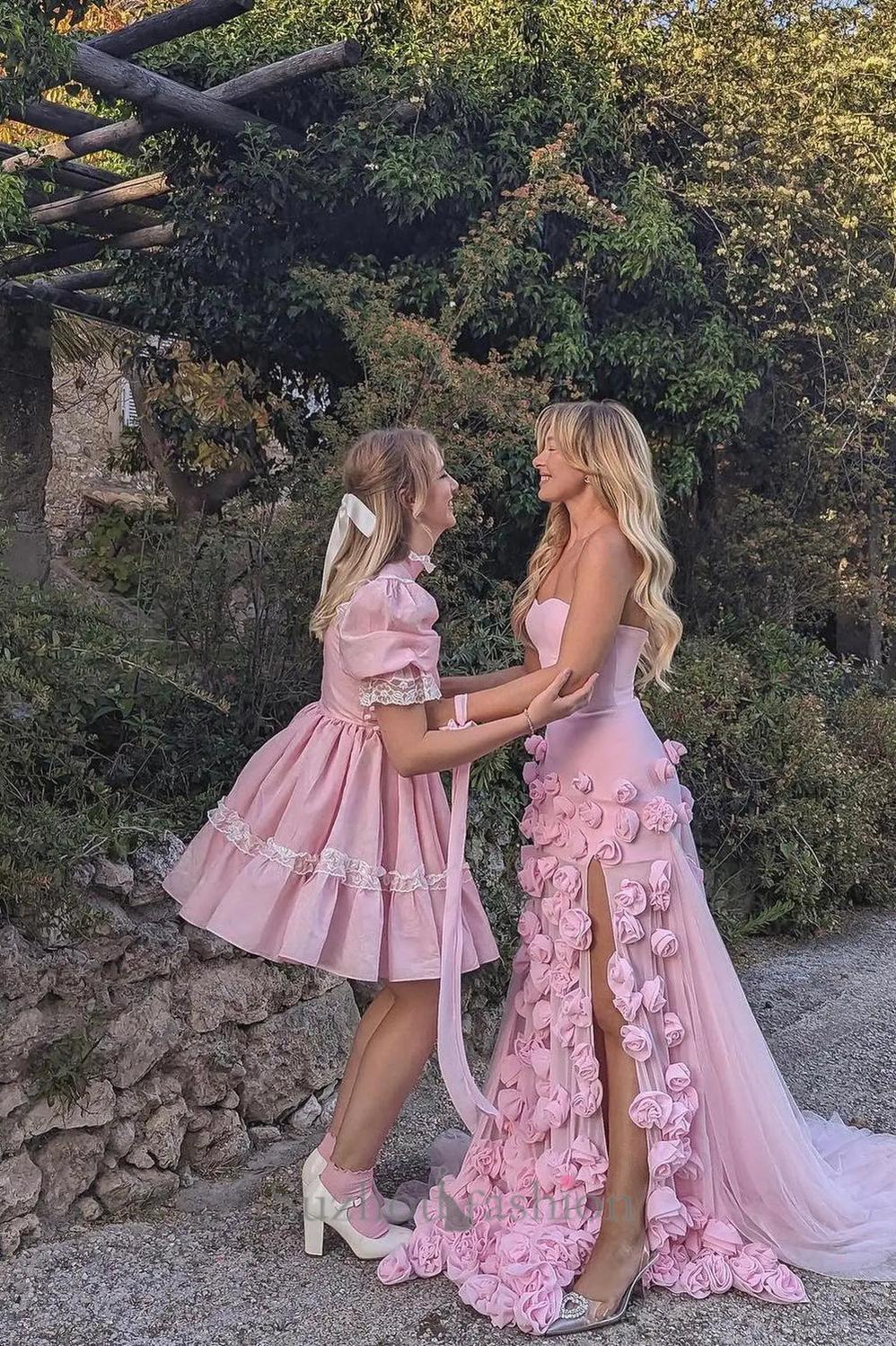 Pink Prom Dress 3D Flowers Strapless Mermaid Formal Dress With Side Slit