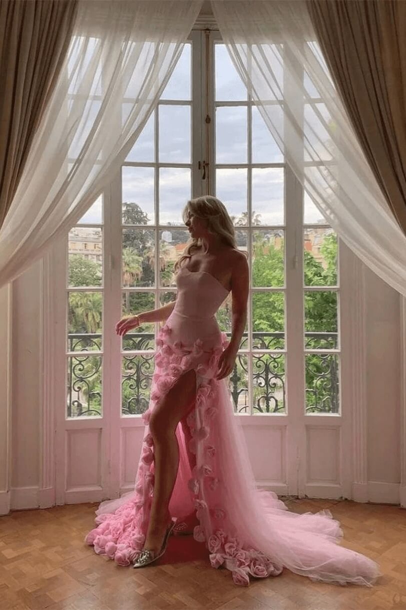 Pink Prom Dress 3D Flowers Strapless Mermaid Formal Dress With Side Slit