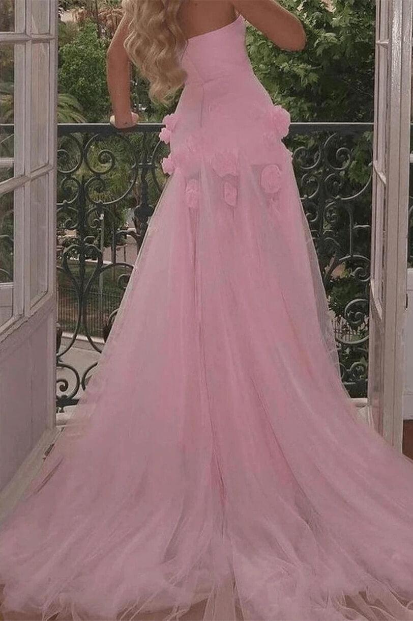 Pink Prom Dress 3D Flowers Strapless Mermaid Formal Dress With Side Slit