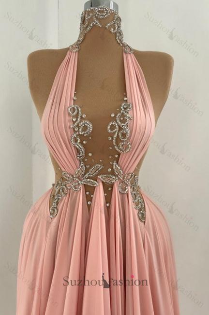 Pink Prom Dress A Line Halter High Neck Beaded Sleeveless Floor Length Chiffon Formal Dress