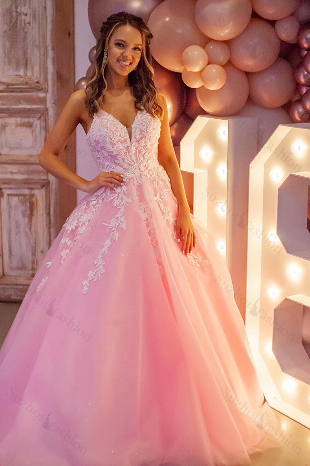 Pink Prom Dress A Line Lace Tulle Backless Long Formal Dress