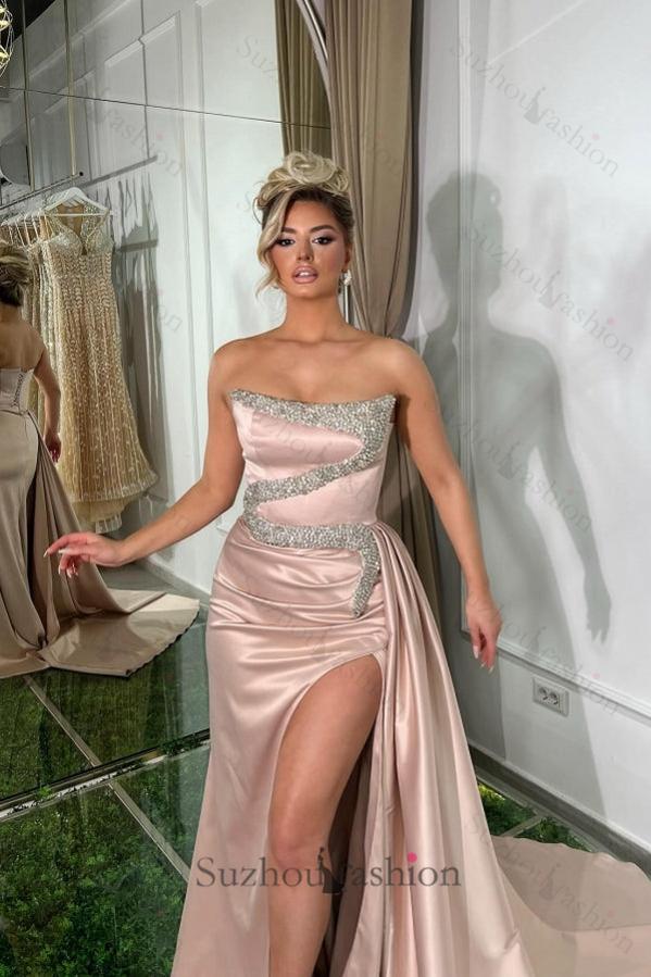 Pink Prom Dress A Line Strapless Sequined Beading Formal Dress With Slit