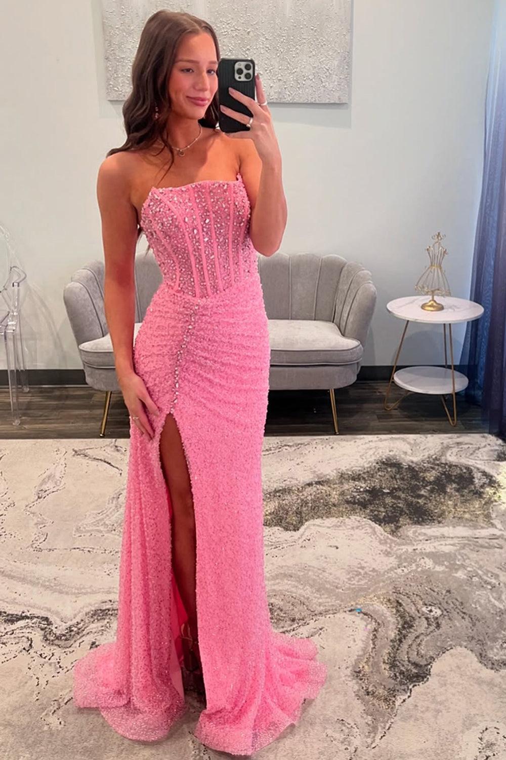 Pink Prom Dress Corset Strapless Formal Dress With Slit