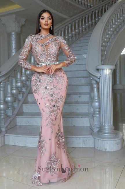 Pink Prom Dress High Neck Long Sleeve Detachable Panel Train Formal Dress