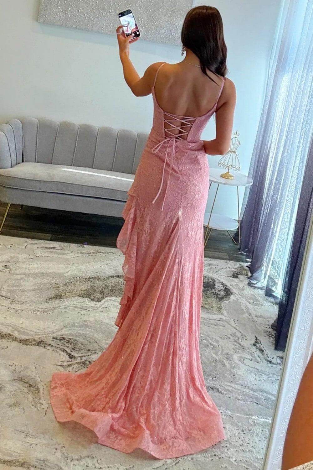 Pink Prom Dress Lace Long Ruffled Formal Dress With Slit