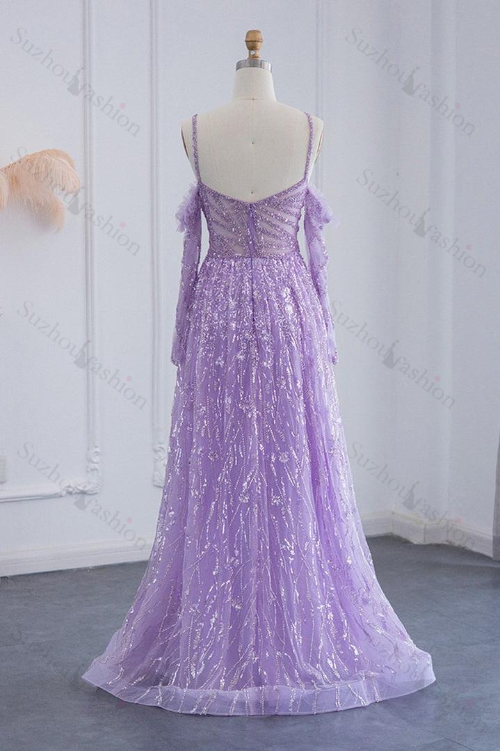 Pink Prom Dress Long Sleeve Tulle Off the Shoulder A Line Evening Formal Dress With Sparkle Appliques