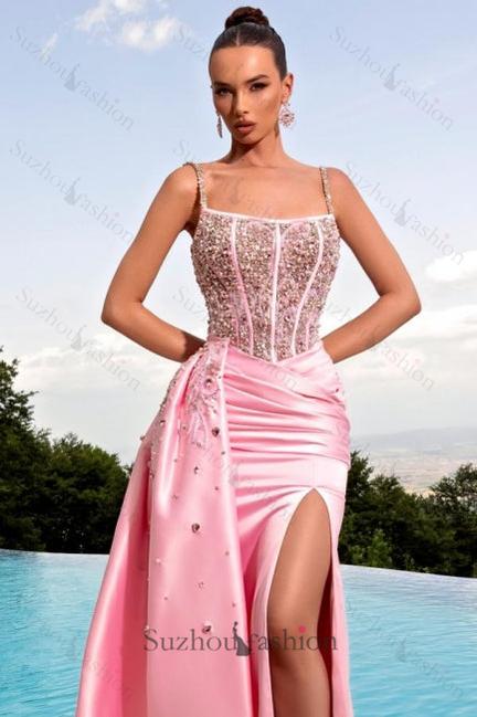 Pink Prom Dress Mermaid Spaghetti Straps Beading Pearls Satin Formal Dress With Slit