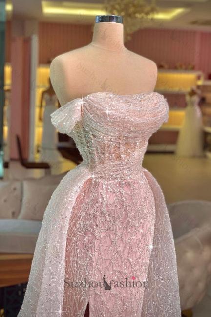 Pink Prom Dress Mermaid Strapless Off The Shoulder Sequined Panel Train Tulle Formal Dress With Slit