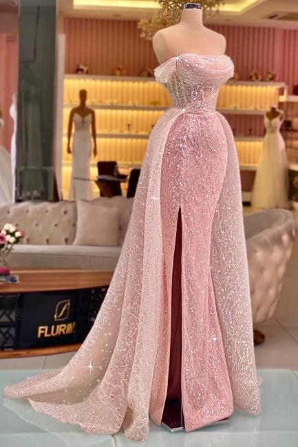 Pink Prom Dress Mermaid Strapless Off The Shoulder Sequined Panel Train Tulle Formal Dress With Slit