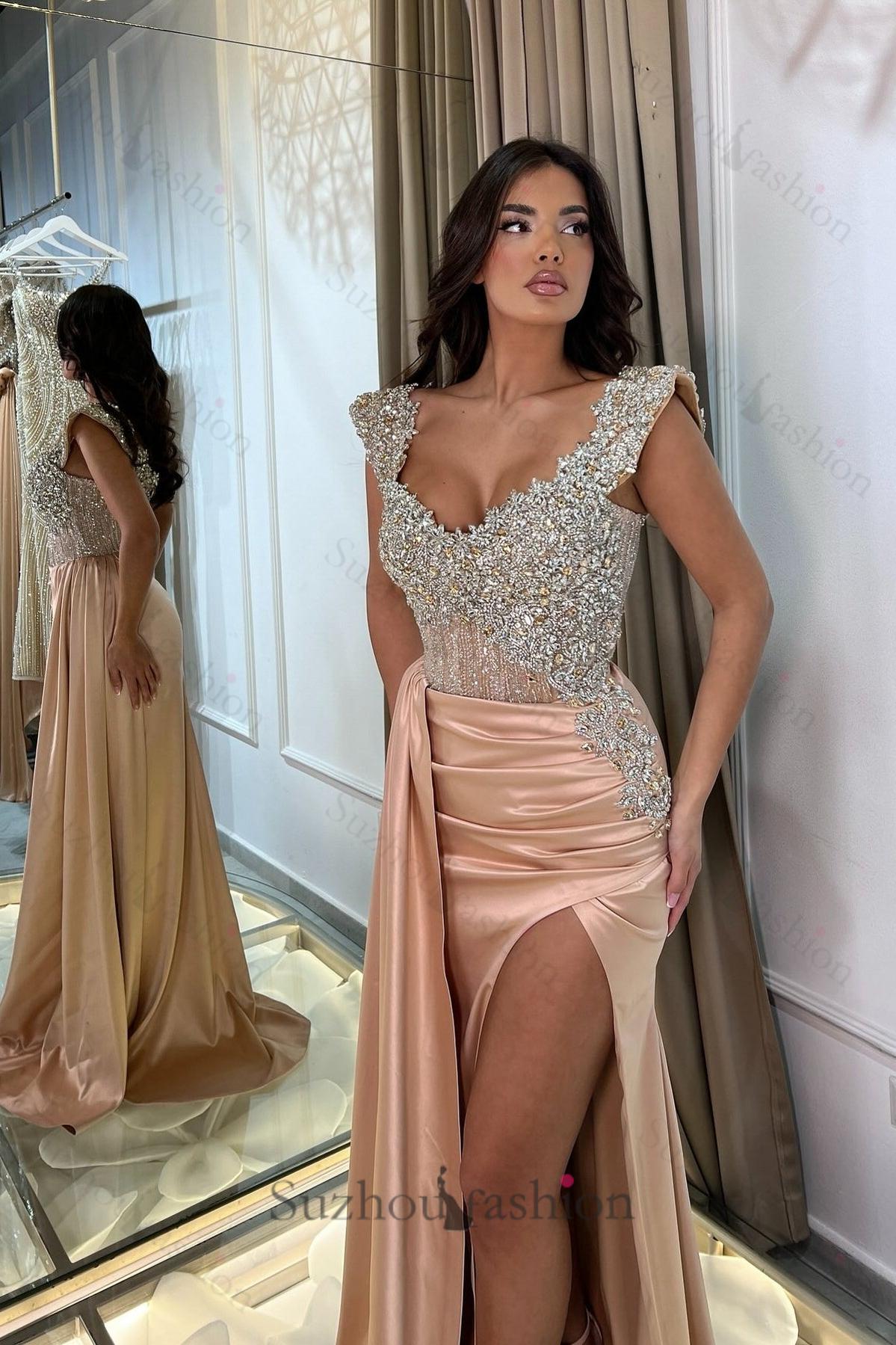 Pink Prom Dress Mermaid Sweetheart Beaded Slit Panel Train Satin Formal Dress With Rhinestone