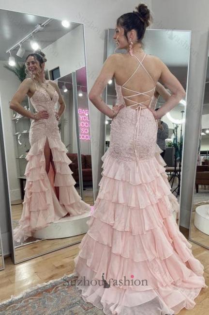 Pink Prom Dress Mermaid Sweetheart Halter Spaghetti Strap Sleeveless Lace Tulle Slit Formal Dress