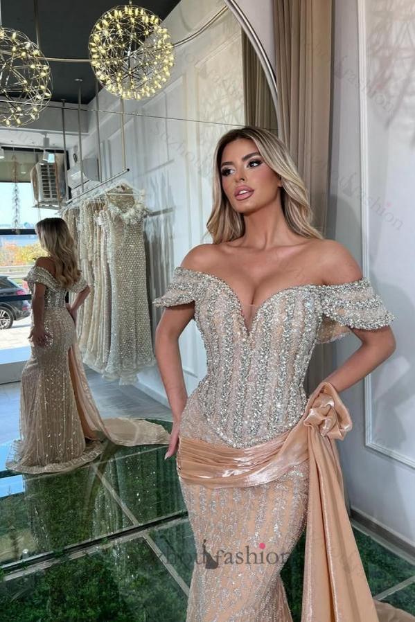 Pink Prom Dress Mermaid Sweetheart Off The Shoulder Sequined Panel Train Tulle Formal Dress