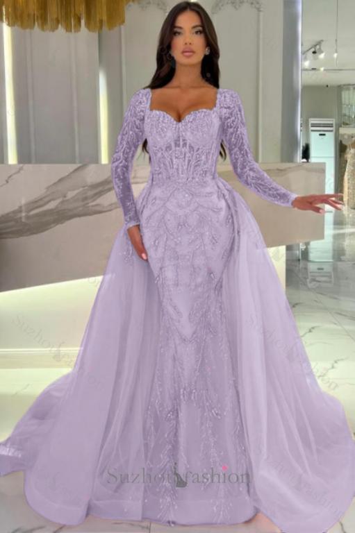 Pink Prom Dress Mermaid Sweetheart Sleeves Beaded Tulle Formal Dress With Panel Train