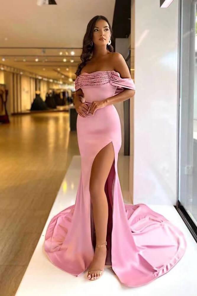 Pink Prom Dress Off the Shoulder Mermaid Long Evening Formal Dress Long Beadings With Split