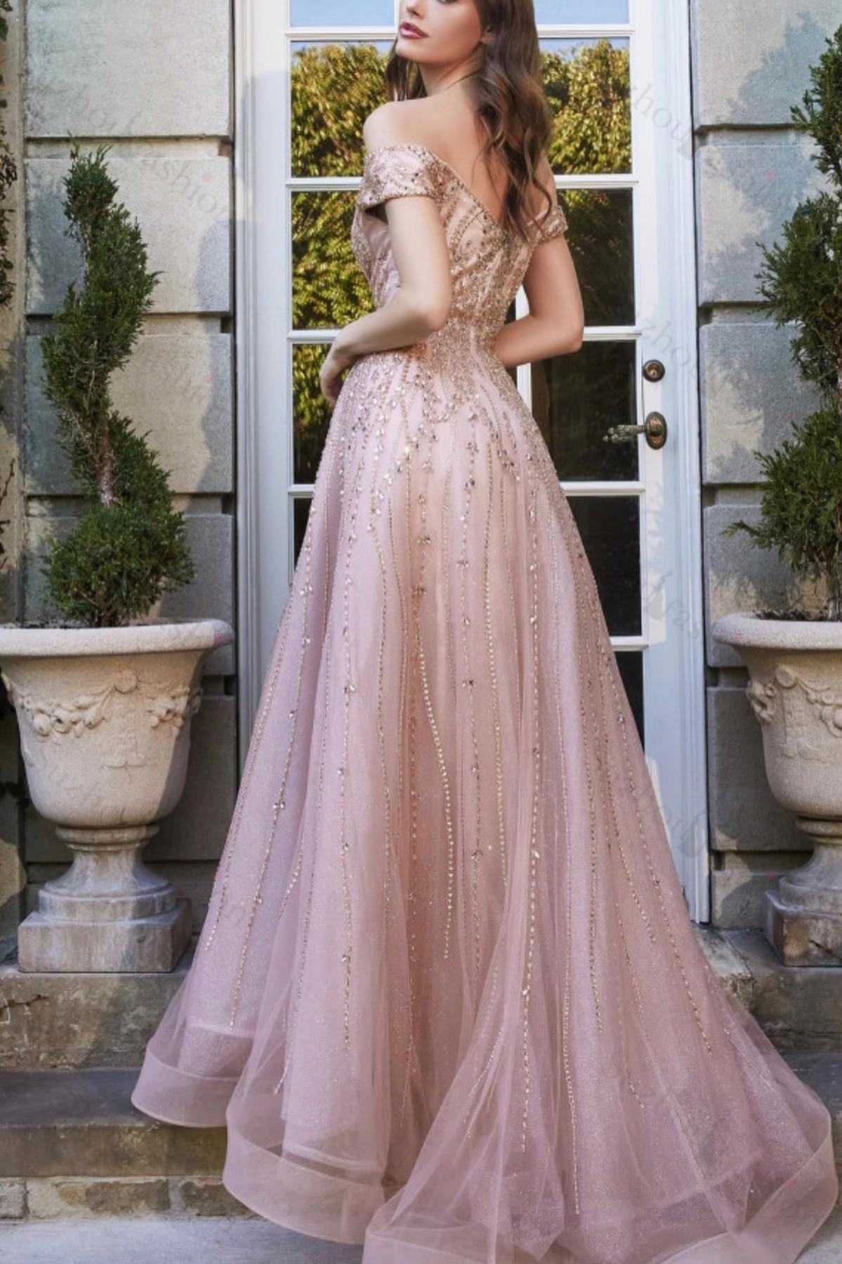 Pink Prom Dress Off the Shoulder Sweetheart Beads Evening Formal Dress With Sequined Tulle