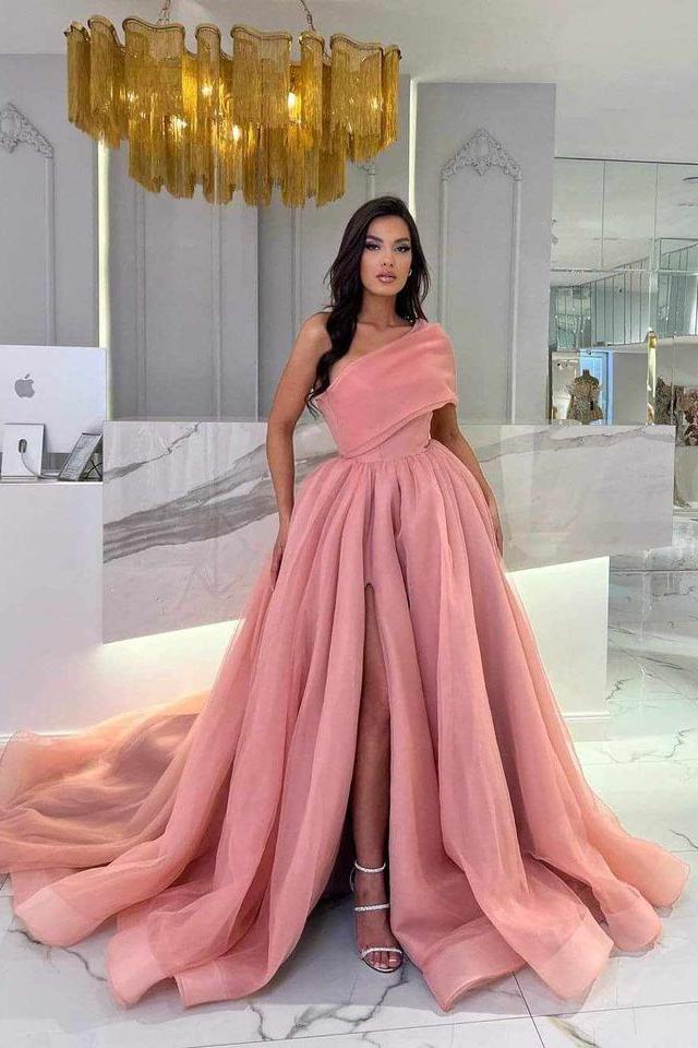 Pink Prom Dress One Shoulder Sleeveless Long A Line Evening Formal Dress With Front Split