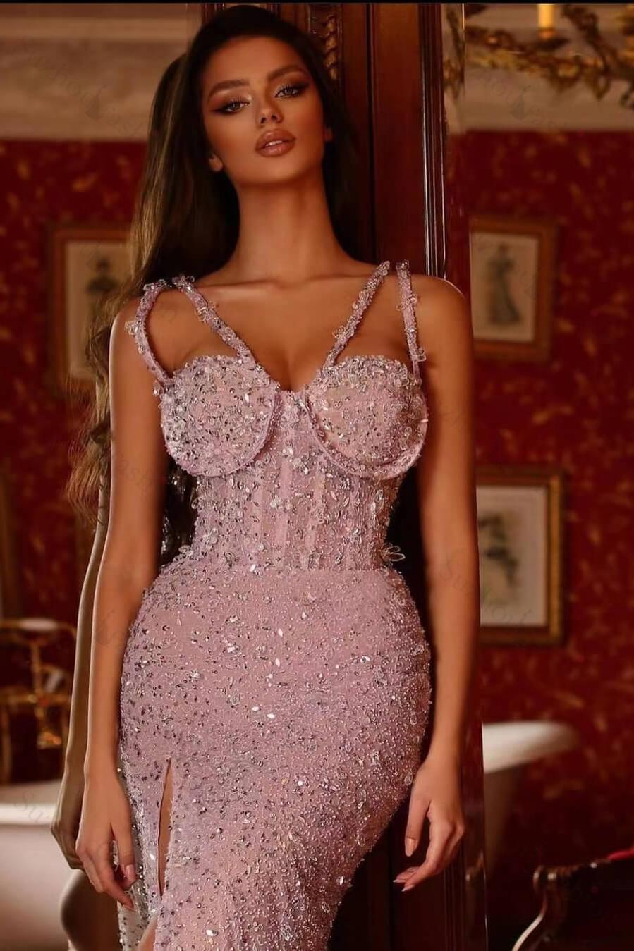 Pink Prom Dress Purple Prom Dress Beaded Mermaid Gorgeous Evening Formal Dress Split