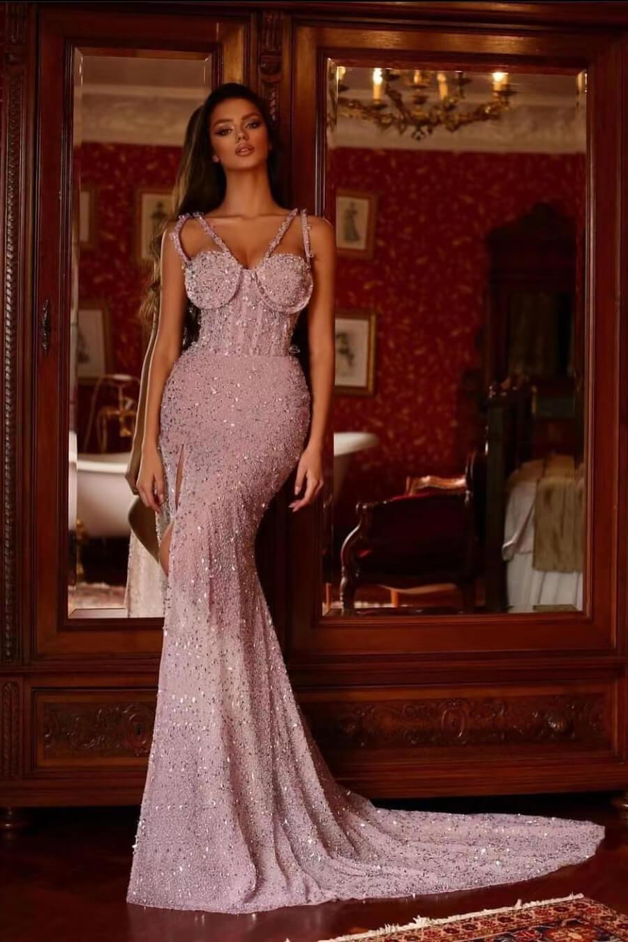 Pink Prom Dress Purple Prom Dress Beaded Mermaid Gorgeous Evening Formal Dress Split