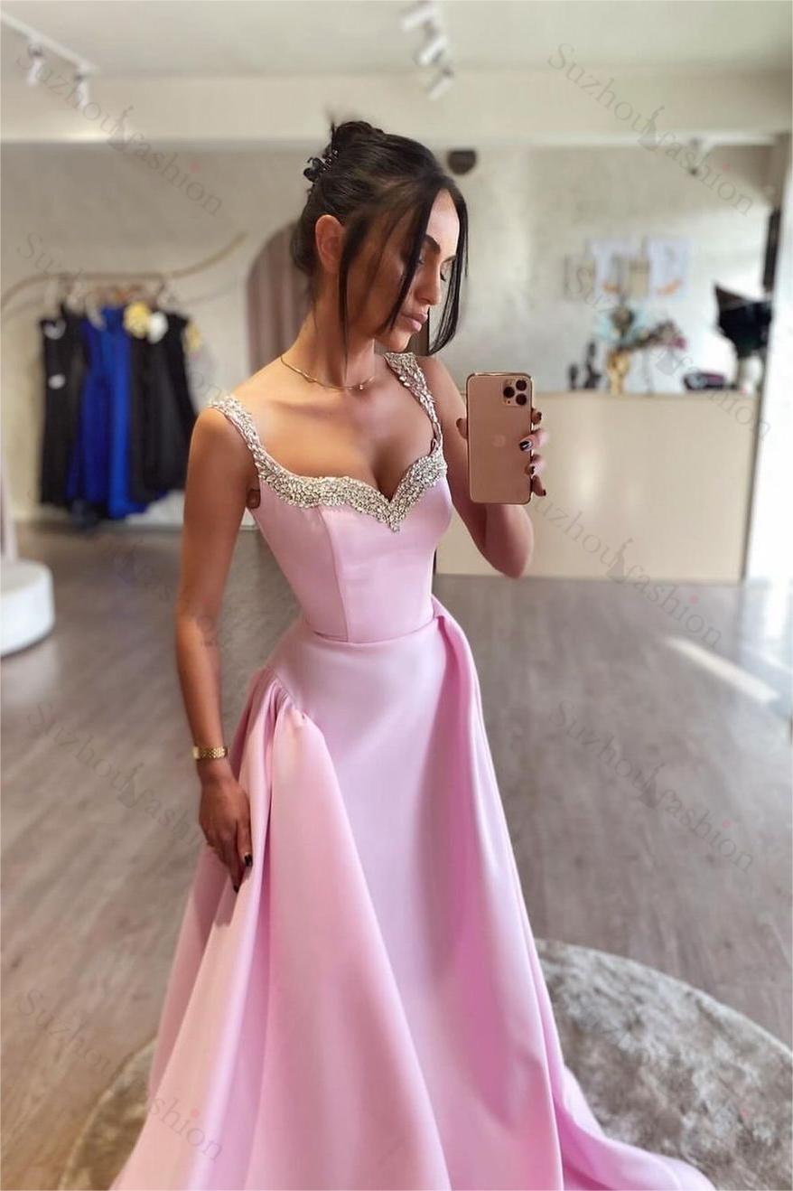 Pink Prom Dress Spaghetti Strap Sleeveless A Line Long Evening Formal Dress With Beading