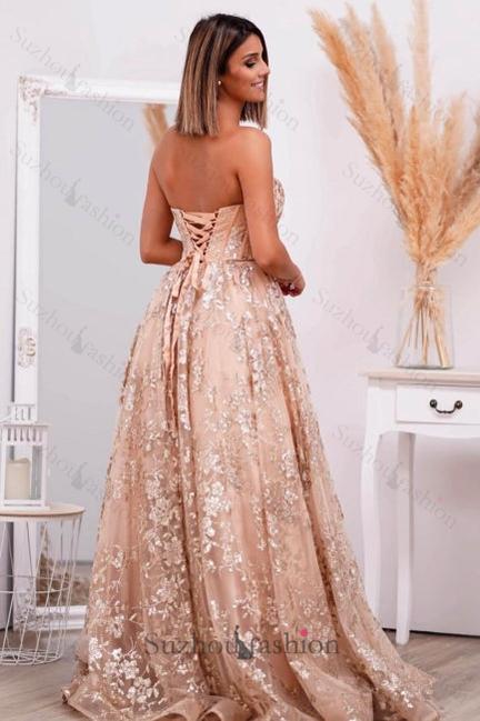 Pink Prom Dress Strapless A Line Beaded Lace Up Tulle Formal Dress With Appliques