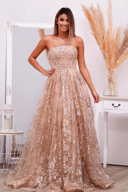 Pink Prom Dress Strapless A Line Beaded Lace Up Tulle Formal Dress With Appliques
