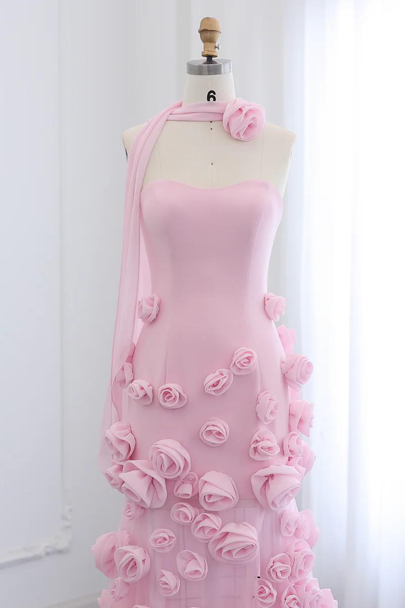 Pink Prom Dress 3D Flowers Strapless Mermaid Formal Dress With Side Slit