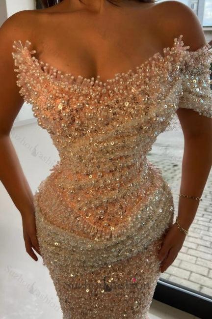Pink Prom Dress Strapless Mermaid Beaded Sequined Sleeveless Formal Dress With Pearls