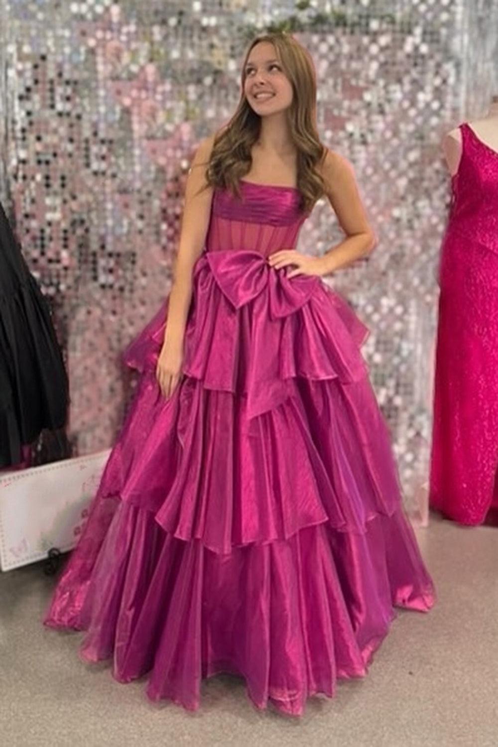 Pink Prom Dress Strapless Ruffled Long Formal Dress With Bow