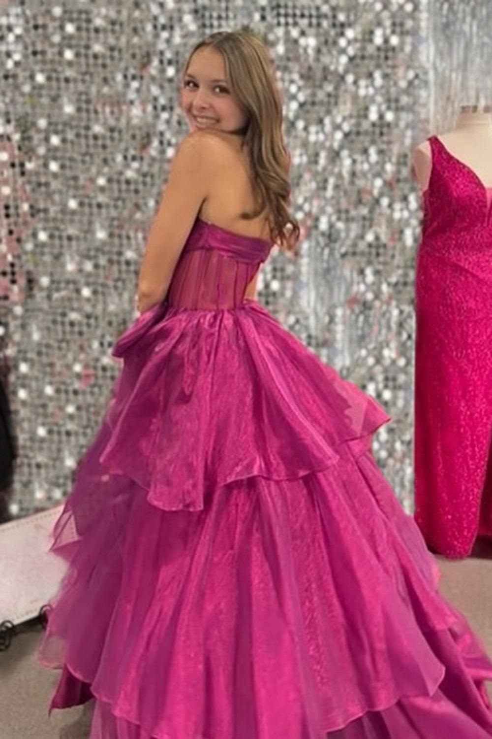 Pink Prom Dress Strapless Ruffled Long Formal Dress With Bow