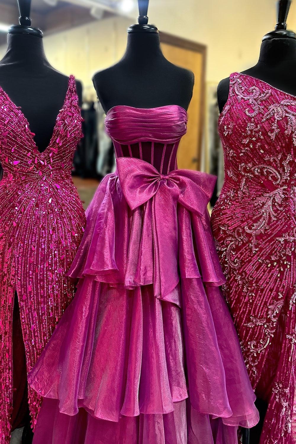 Pink Prom Dress Strapless Ruffled Long Formal Dress With Bow