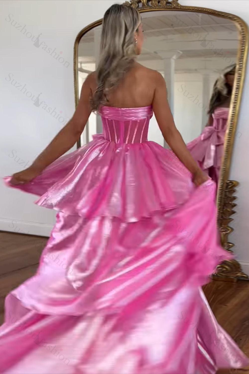 Pink Prom Dress Strapless Ruffled Long Formal Dress With Bow