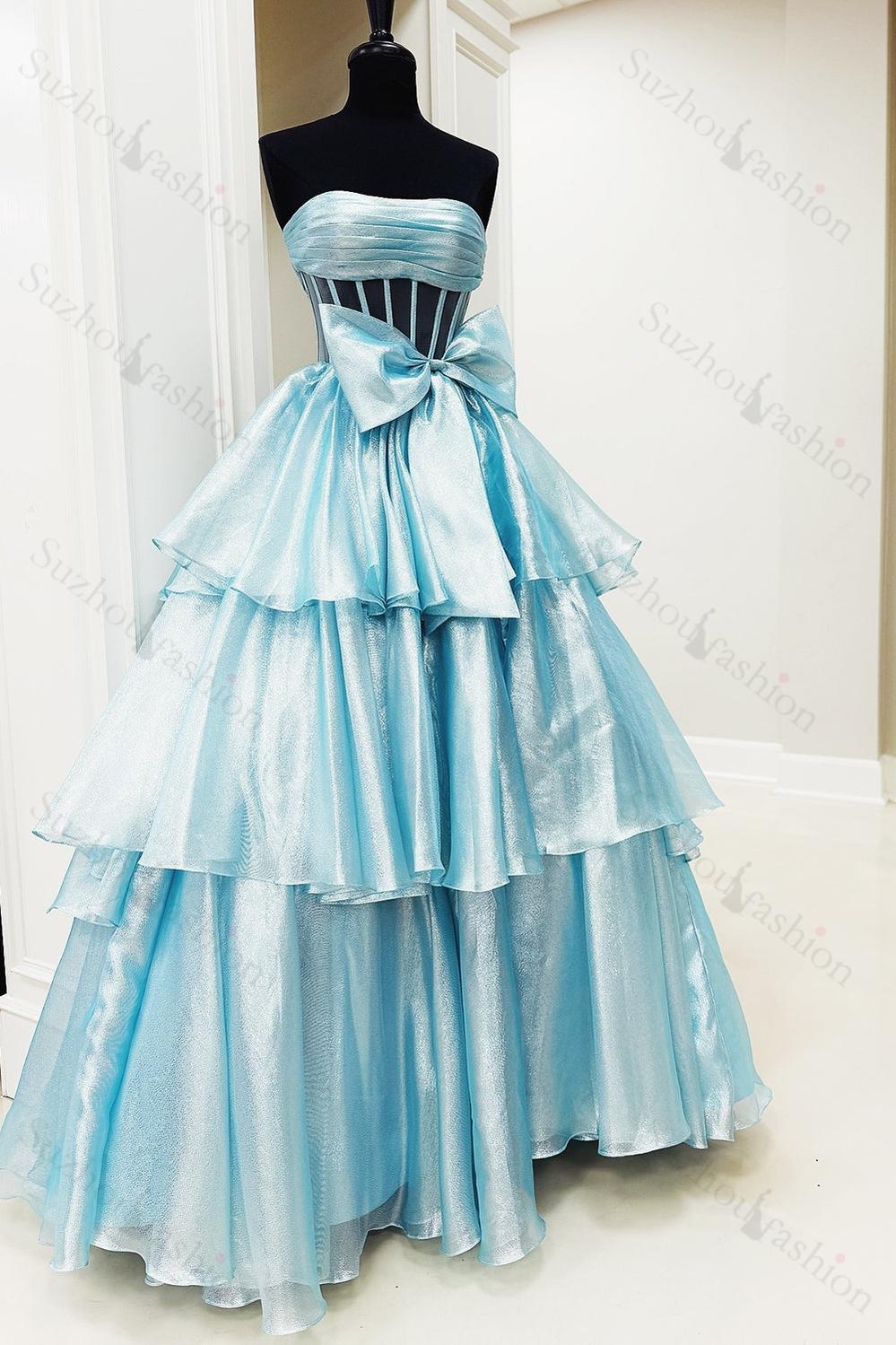 Pink Prom Dress Strapless Ruffled Long Formal Dress With Bow