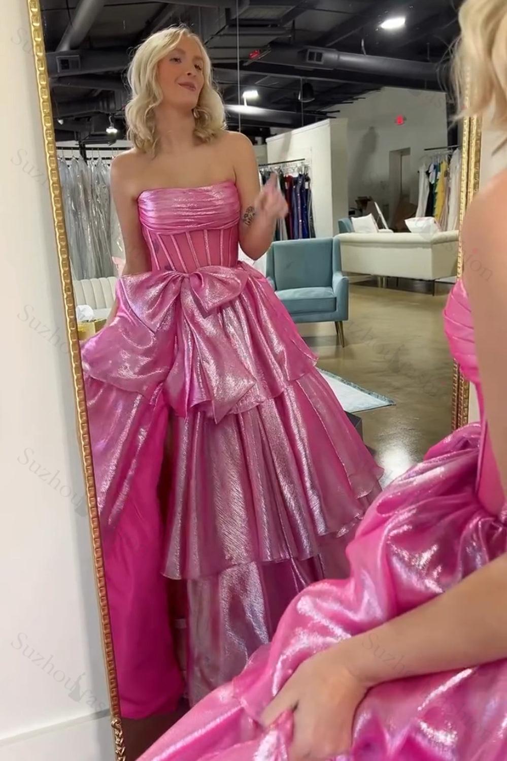 Pink Prom Dress Strapless Ruffled Long Formal Dress With Bow