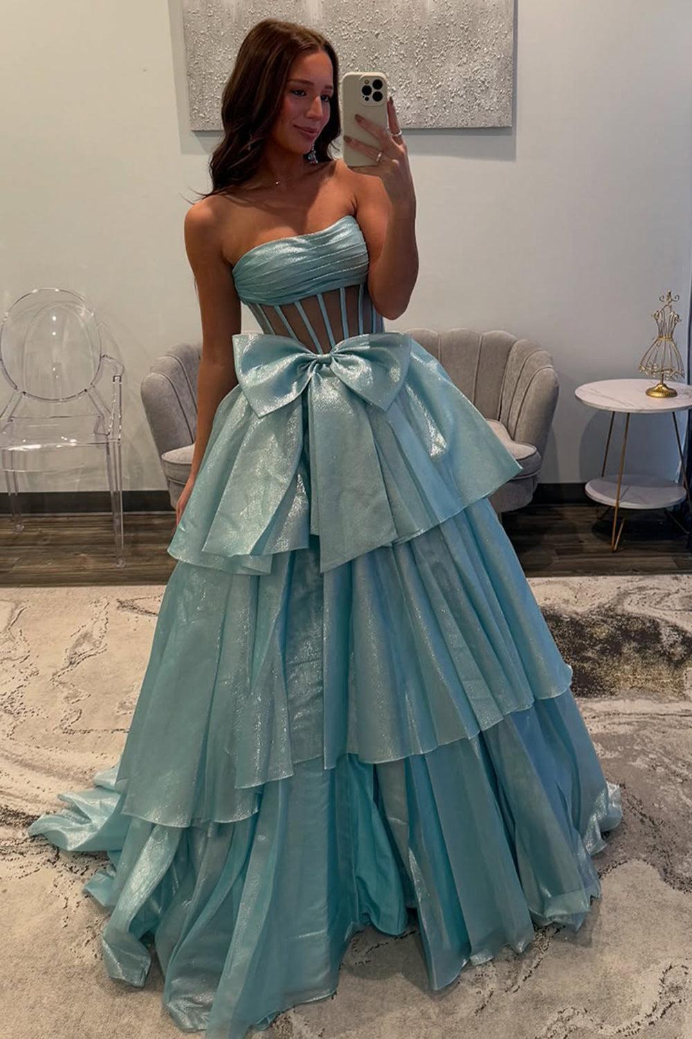Pink Prom Dress Strapless Ruffled Long Formal Dress With Bow