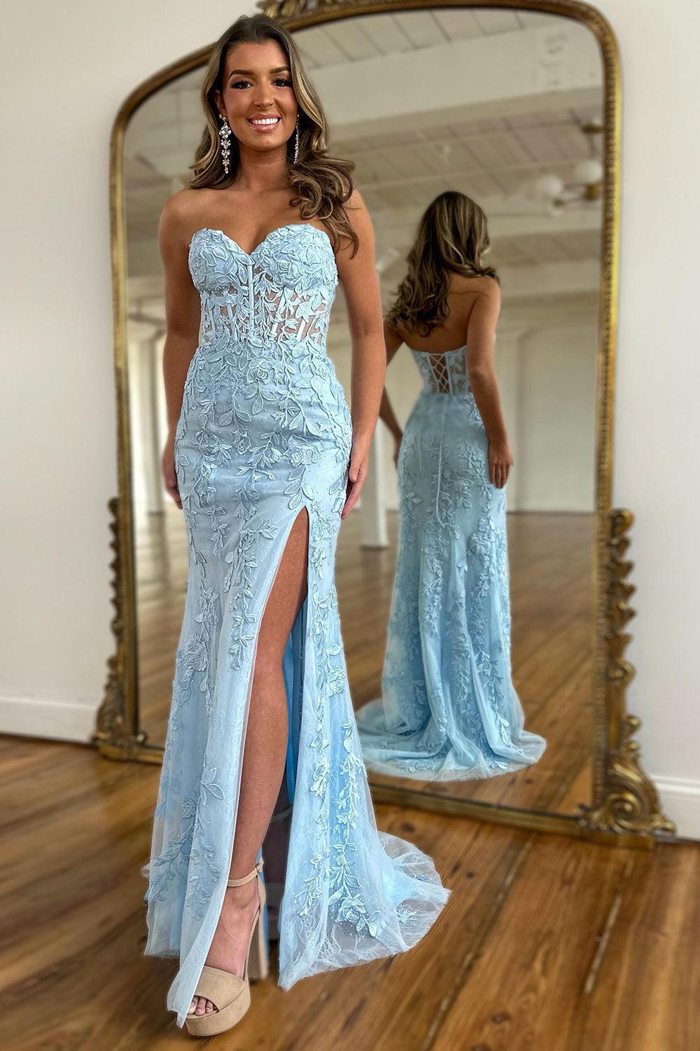 Pink Prom Dress Sweetheart Corset Long Lace Formal Dress With Slit