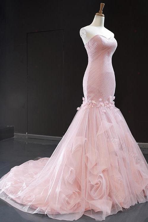 Pink Prom Dress Sweetheart Mermaid Sleeveless Evening Formal Dress With Tulle Ruffles