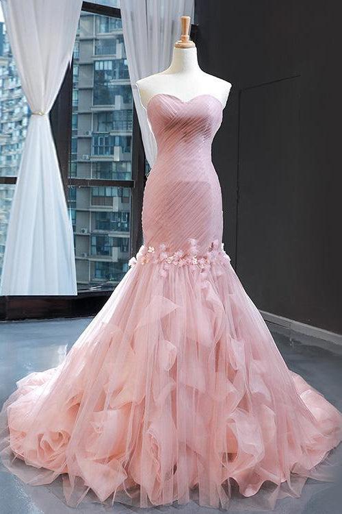 Pink Prom Dress Sweetheart Mermaid Sleeveless Evening Formal Dress With Tulle Ruffles