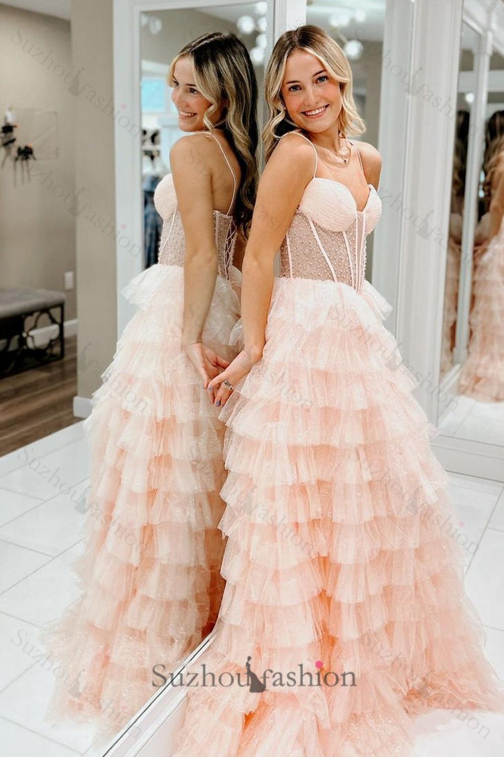 Pink Prom Dress Tiered A-Line Spaghetti Straps Long Formal Dress