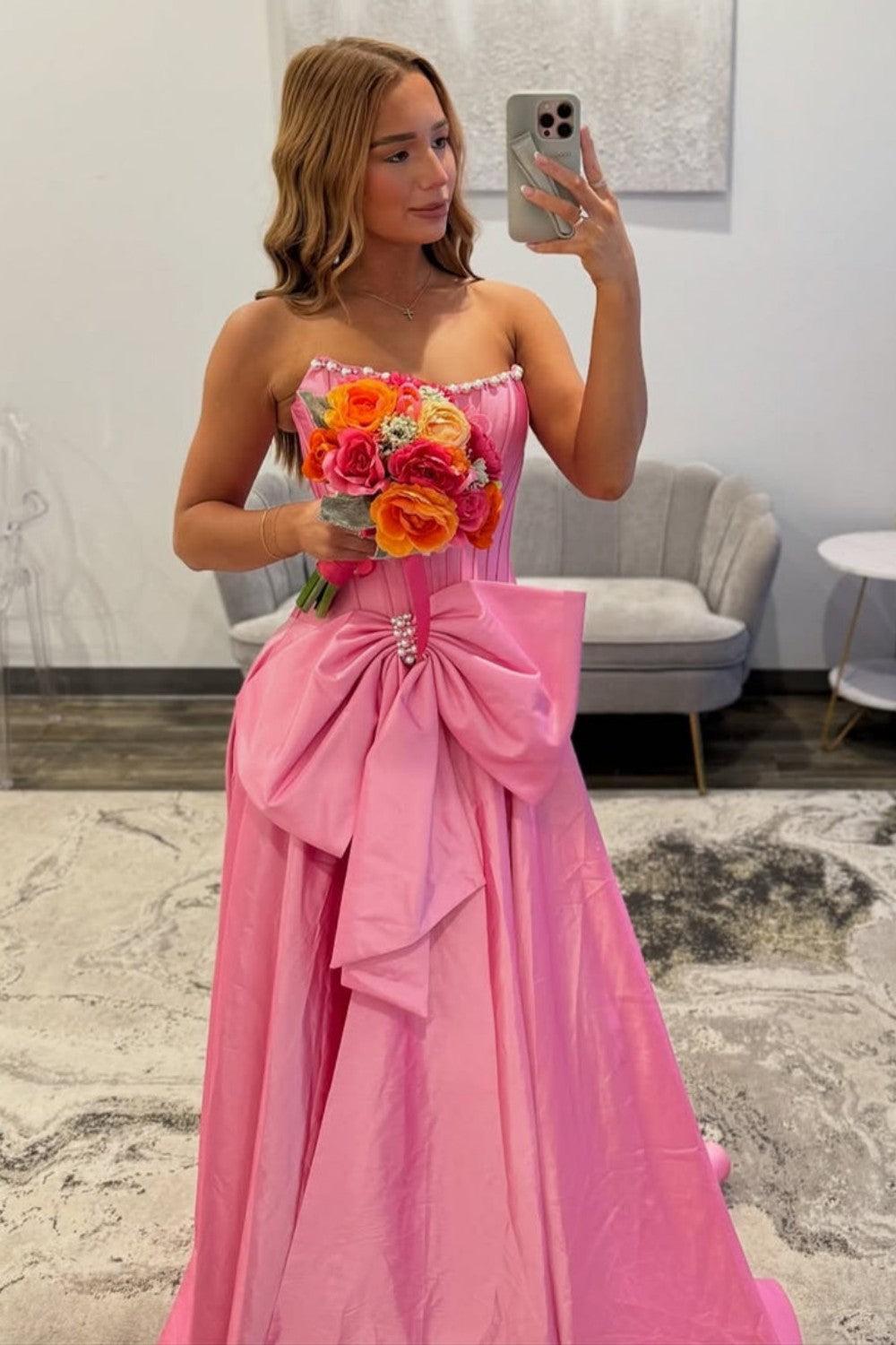 Suzhoufashion Pink Satin Corset Prom Dress With Neckline Pearl Trim & Oversized Bow Formal Evening Gown