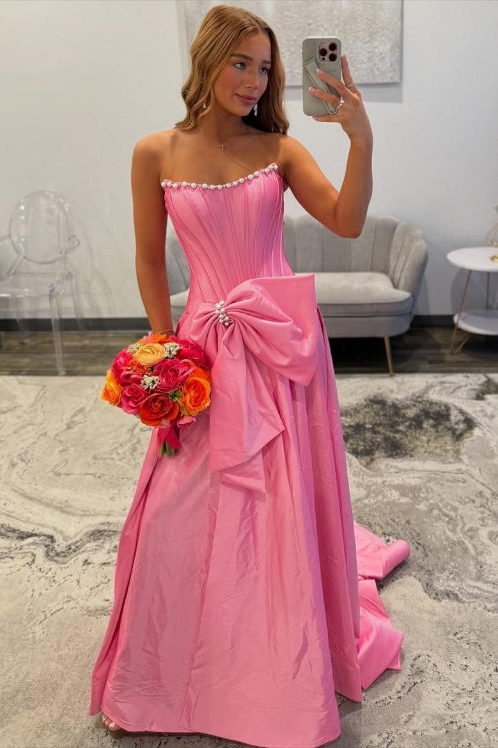 Suzhoufashion Pink Satin Corset Prom Dress With Neckline Pearl Trim & Oversized Bow Formal Evening Gown
