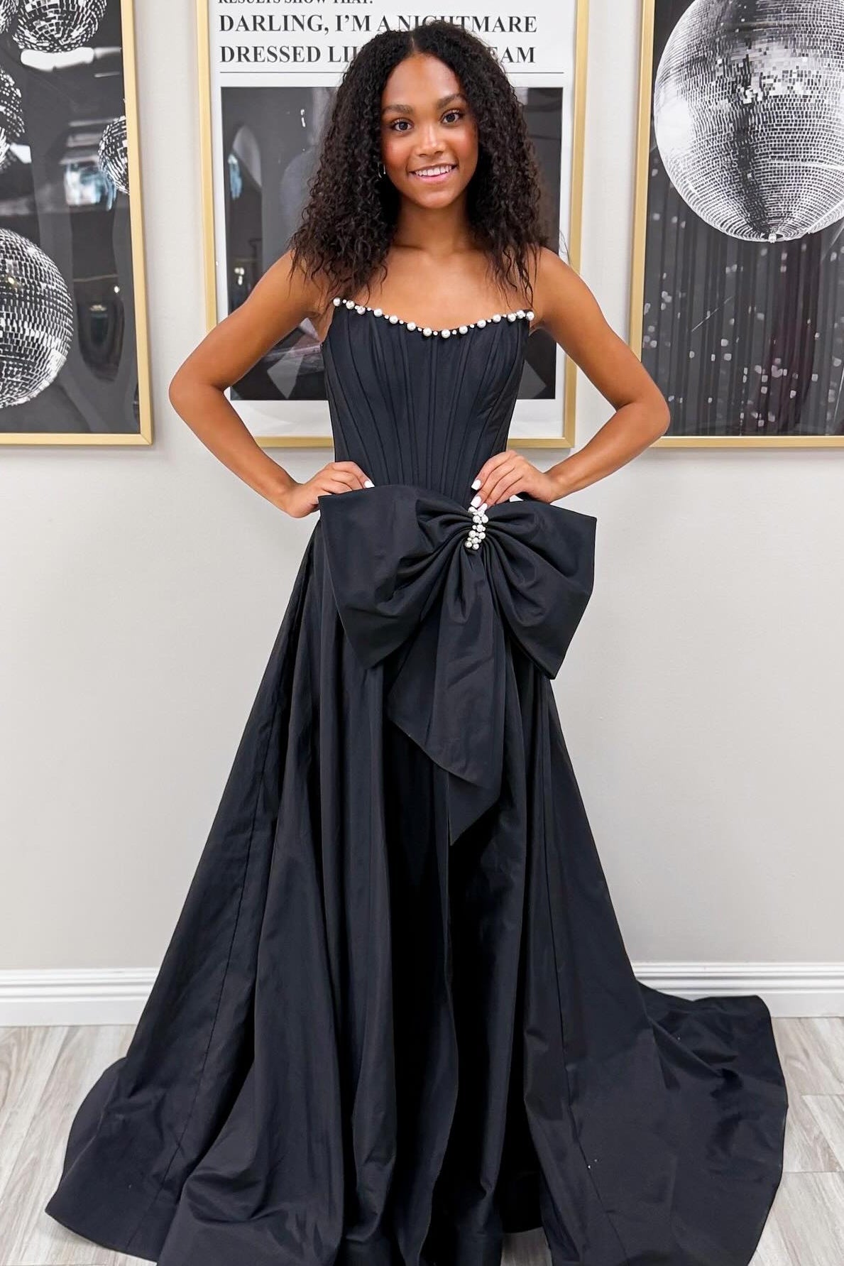 Suzhoufashion Pink Satin Corset Prom Dress With Neckline Pearl Trim & Oversized Bow Formal Evening Gown