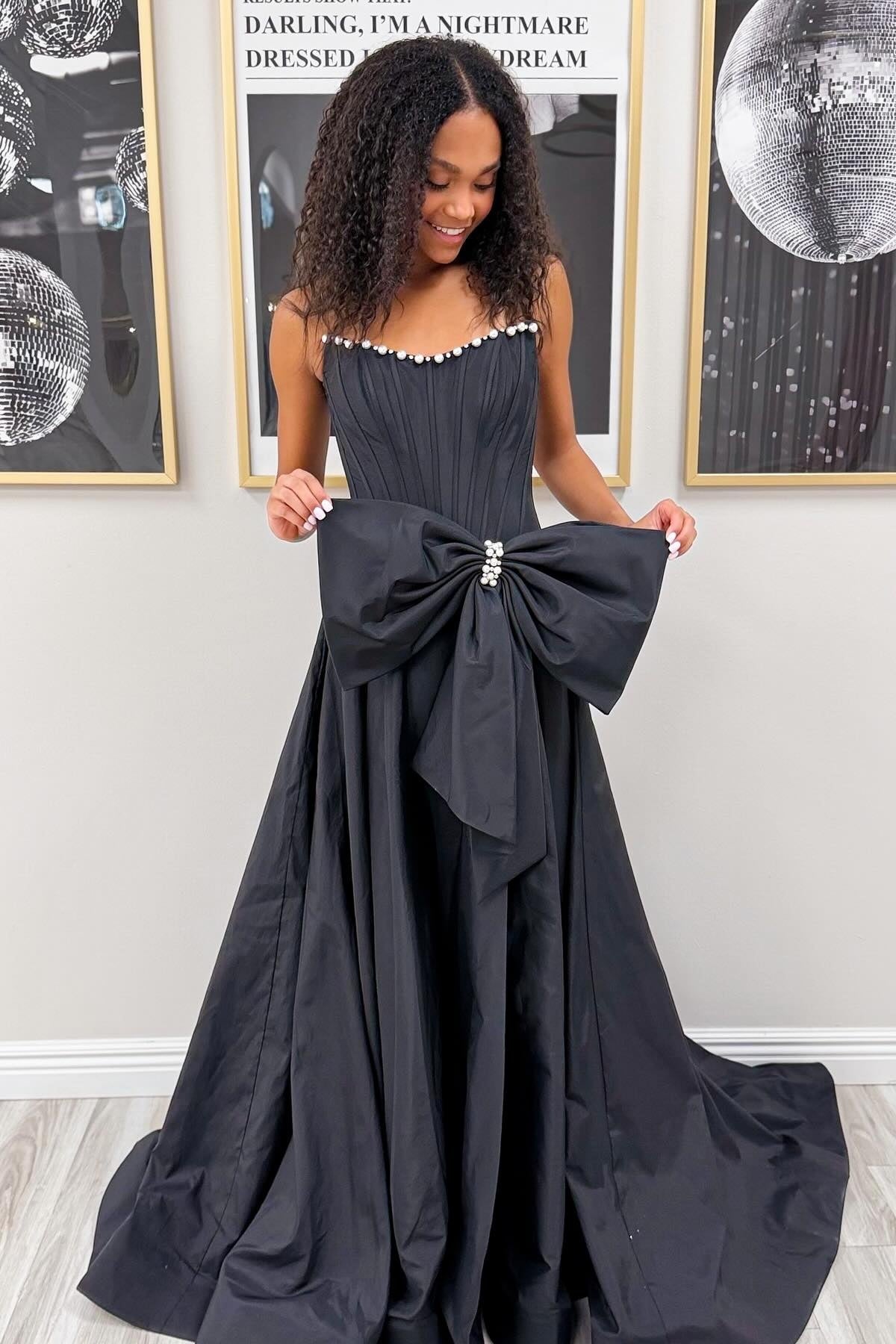 Suzhoufashion Pink Satin Corset Prom Dress With Neckline Pearl Trim & Oversized Bow Formal Evening Gown