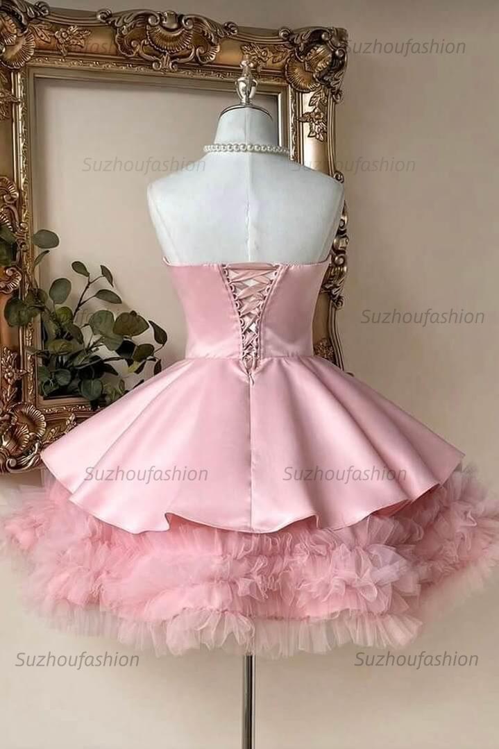 Pink Strapless A-Line Mini Homecoming Dress Satin Bow & Tulle Ruffle Hem