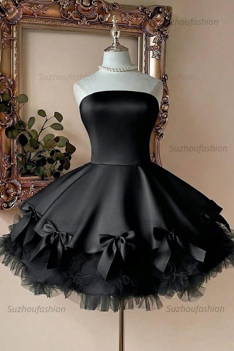 Pink Strapless A-Line Mini Homecoming Dress Satin Bow & Tulle Ruffle Hem