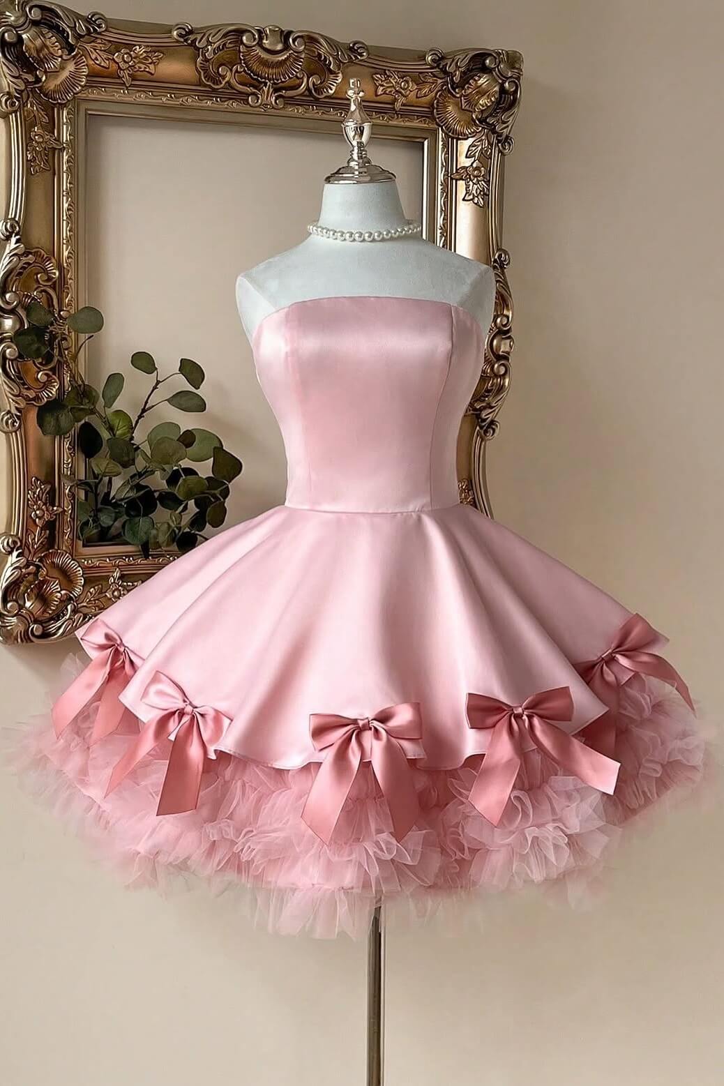 Pink Strapless A-Line Mini Homecoming Dress Satin Bow & Tulle Ruffle Hem